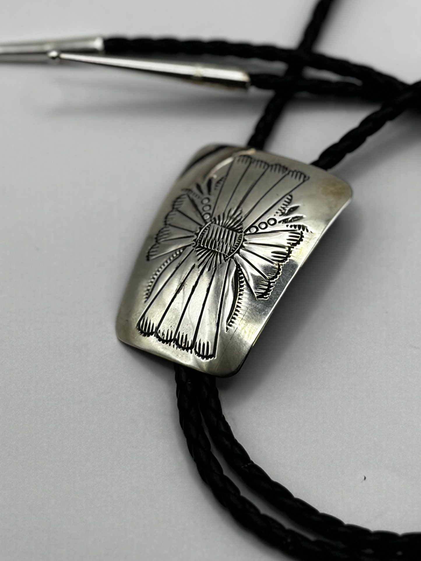 Bolo Tie Southwest Design - Sterling Silver - Leather - Native Handmade - Joann Silver (artist)