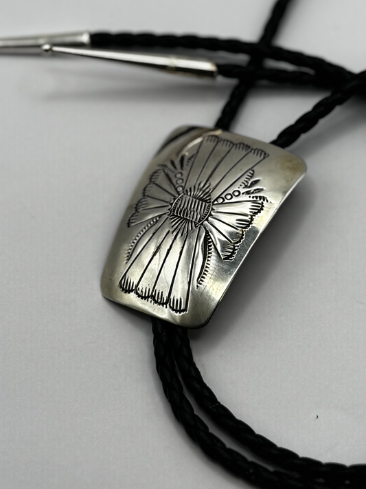 Bolo Tie Southwest Design - Sterling Silver - Leather - Native Handmade - Joann Silver (artist)