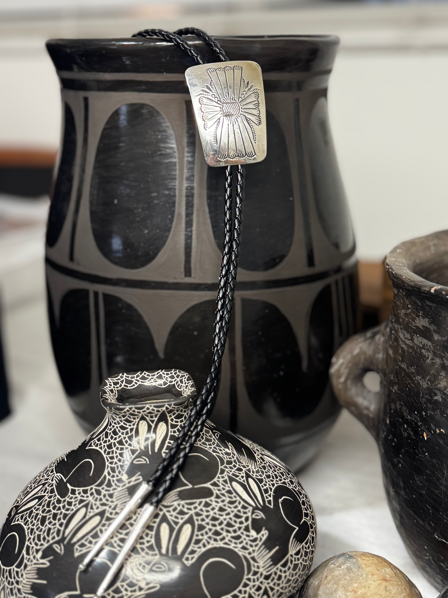 Bolo Tie Southwest Design - Sterling Silver - Leather - Native Handmade - Joann Silver (artist)