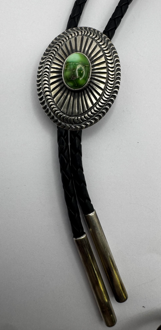 Bolo Tie with Stone Concho - Sonoran Turquoise - Sterling Silver - Leather - Native Handmade - Sharon Francisco (artist)