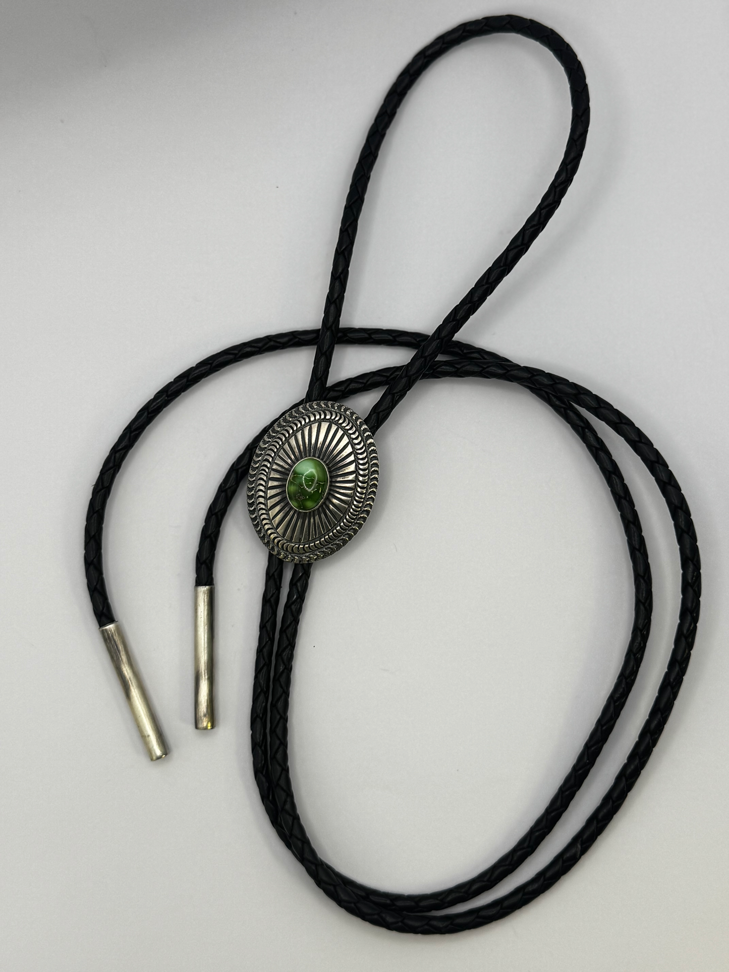 Bolo Tie with Stone Concho - Sonoran Turquoise - Sterling Silver - Leather - Native Handmade - Sharon Francisco (artist)