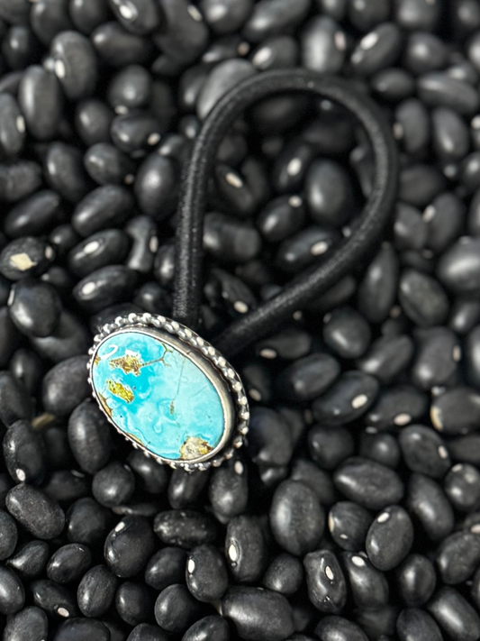 Oval Hair Tie - Kingman Turquoise - Sterling Silver - Native Handmade - Scott Skeets (artist)